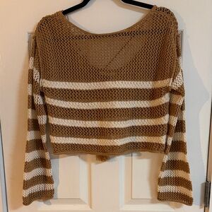 American Eagle Outfitters Cropped Open-Knit Sweater in Cream & Tan